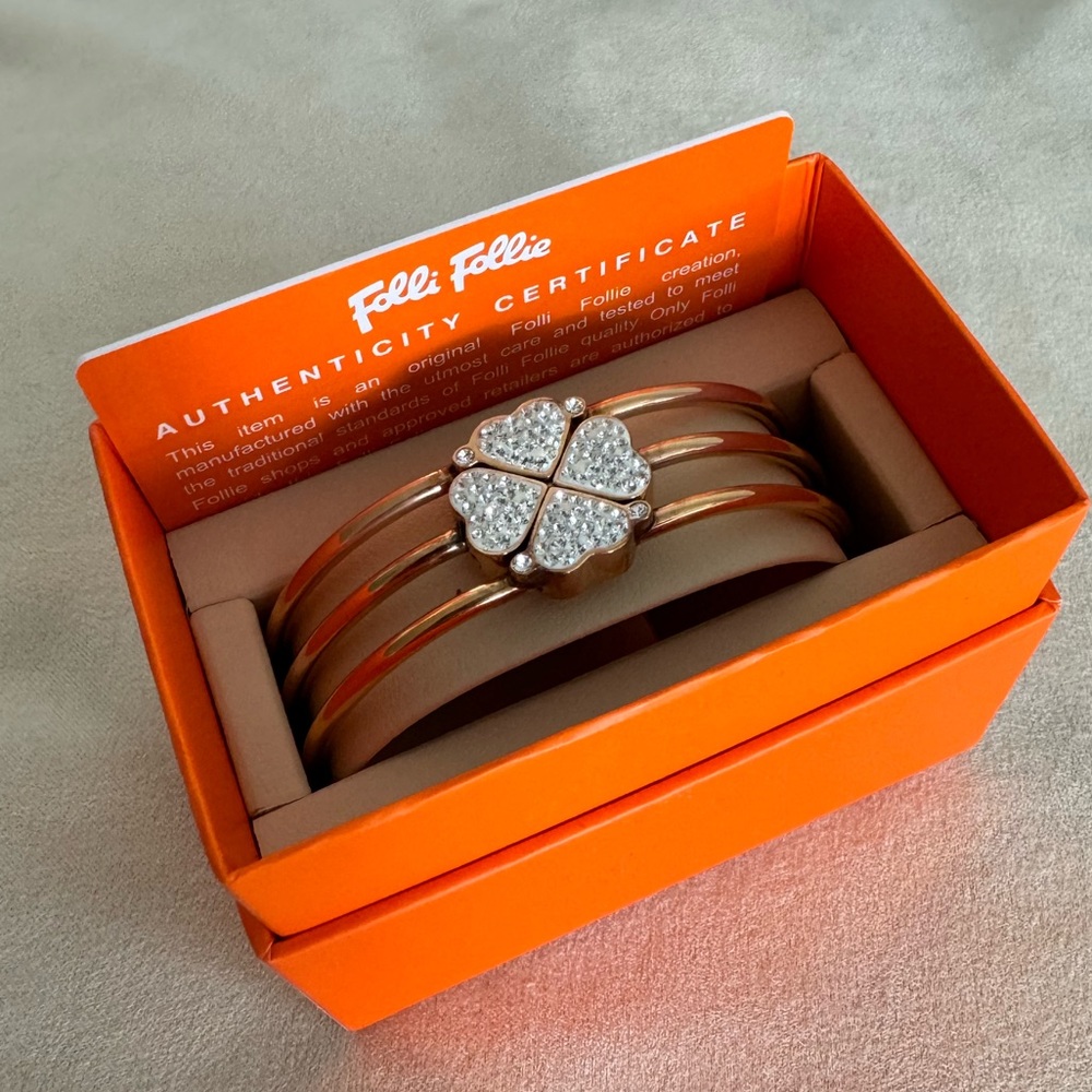 Folli Follie Rose Gold Four-Leaf Clover Crystal Bangle Bracelet
